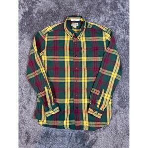 LL Bean Mens Flannel Shirt Plaid Green Yellow Burgundy Size Medium Regular
